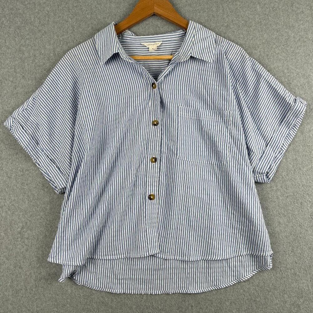 Aeropostale Button Up Short Sleeve Shirt XL Blue Stripes Women's Beach Casual